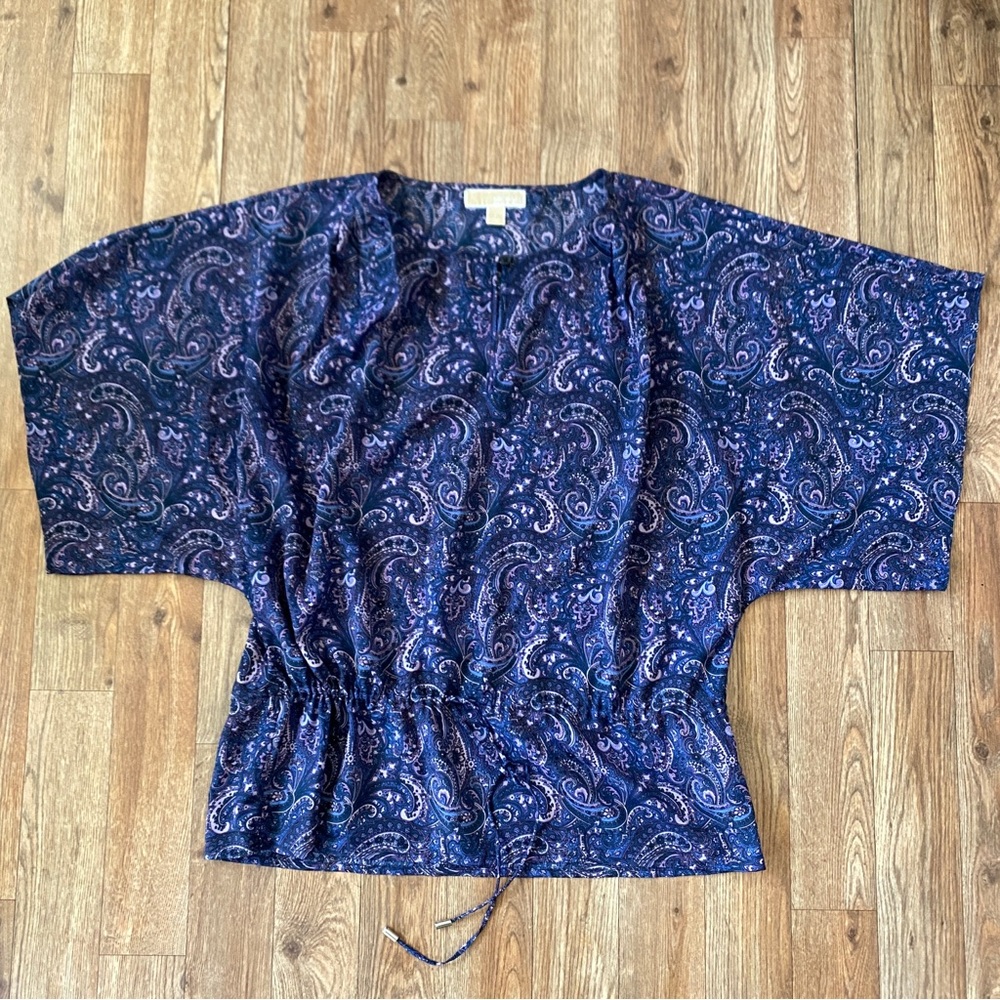 MICHAEL KORS Purple Blue Paisley Blouse Drawstring Waist Batwing Dolman Sleeve